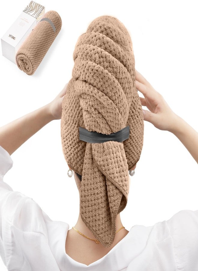 YFONG Large Hair Towel Wrap for Women, Super Absorbent Microfiber Hair Towel for Curly Hair, Fast Drying Hair Turbans with Elastic,Hair Drying Towel Wrap for Hair Care Anti Friz 26.3" X 40" (Brown) - Image 1